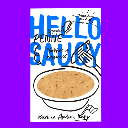 Illustration of organic penne pasta, short ridged tubes with a smooth golden texture.