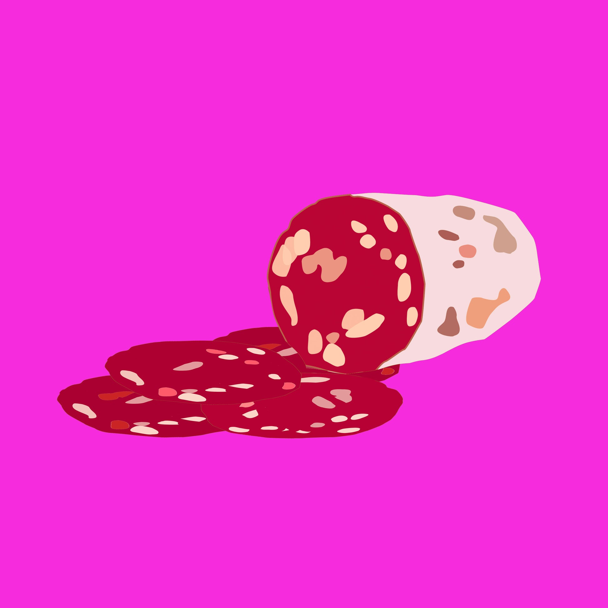 Illustration of organic pepperoni, sliced cured meat with a rich red colour and texture.