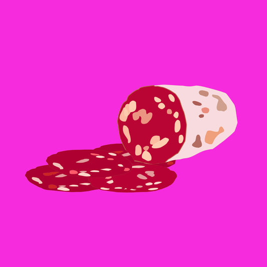 Illustration of organic pepperoni, sliced cured meat with a rich red colour and texture.