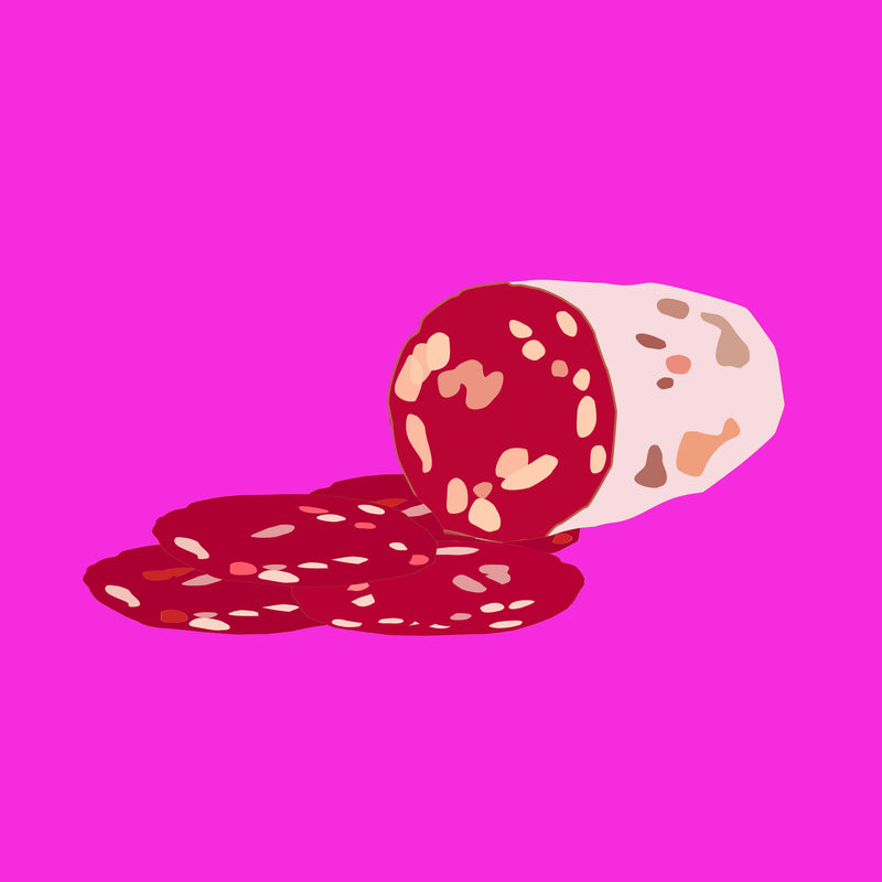 Illustration of organic pepperoni, sliced cured meat with a rich red colour and texture.