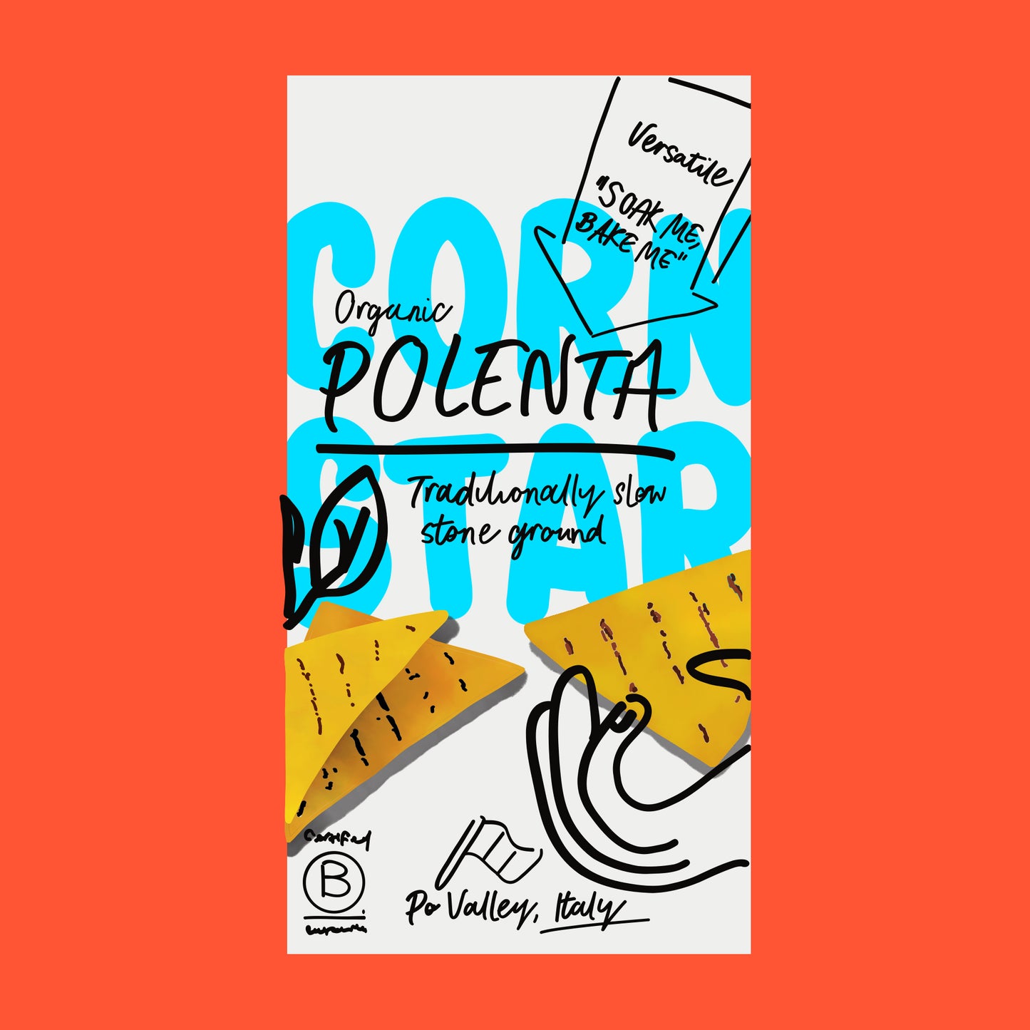 Illustration of organic polenta, fine yellow cornmeal with a soft, golden texture.