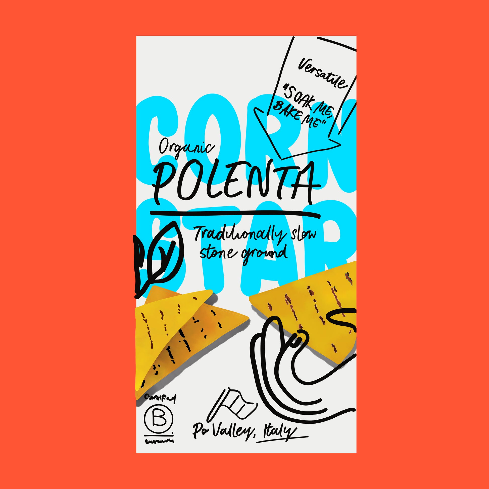 Illustration of organic polenta, fine yellow cornmeal with a soft, golden texture.