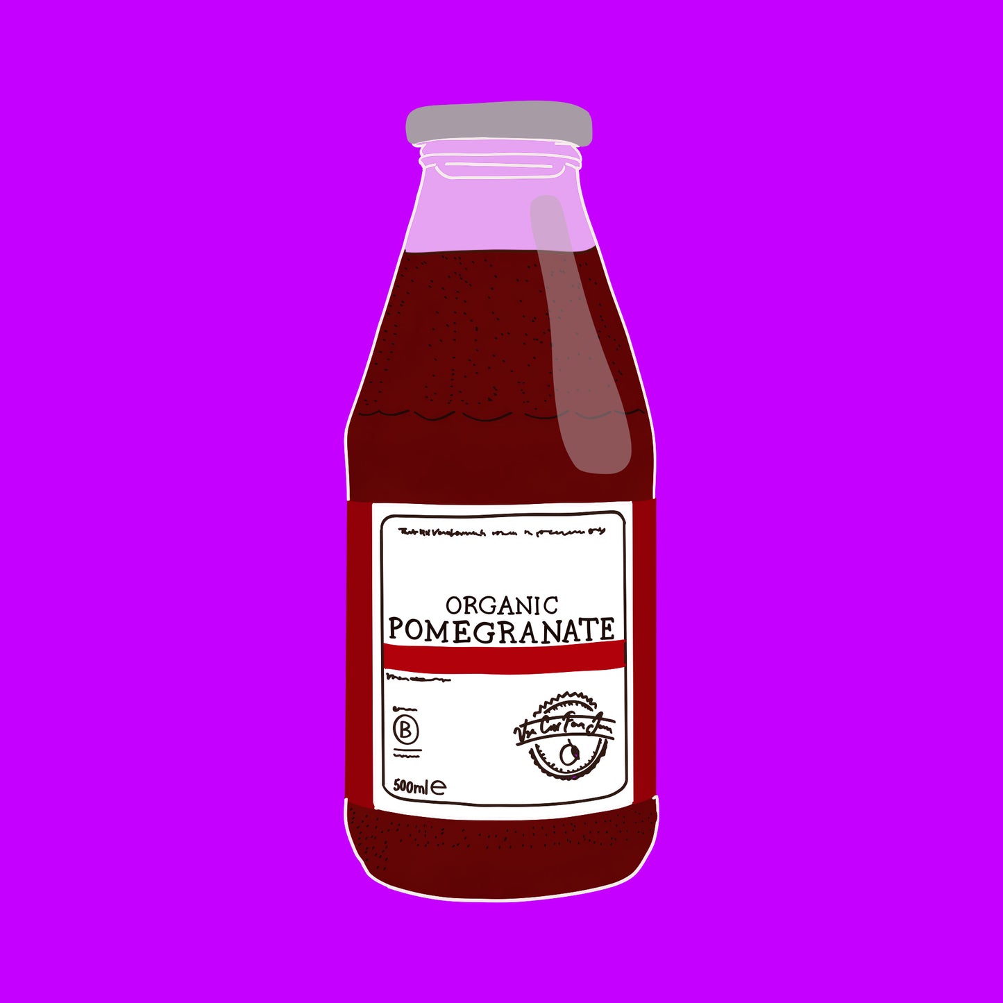 Illustration of organic pomegranate juice bottle with rich red juice and a white label.