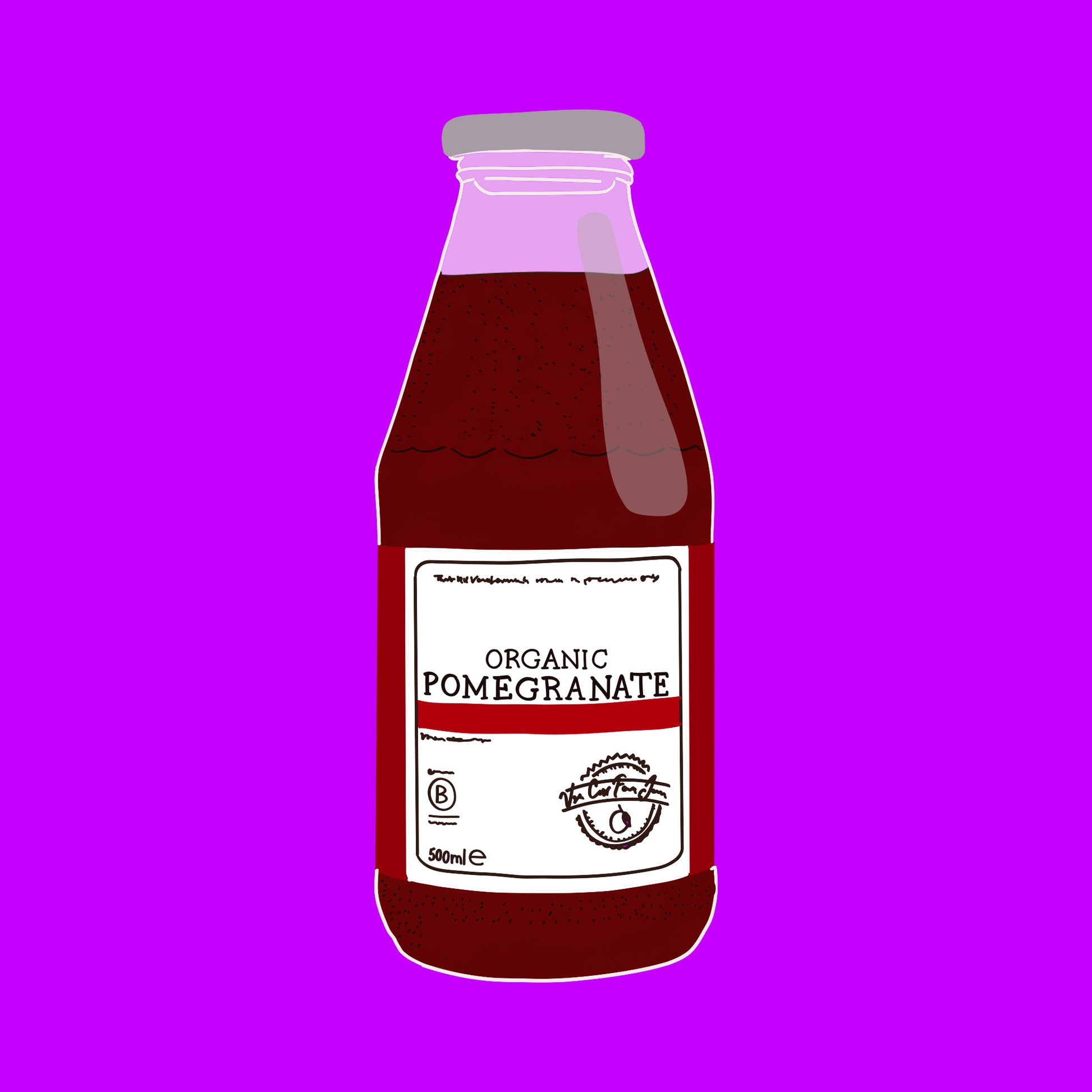 Illustration of organic pomegranate juice bottle with rich red juice and a white label.