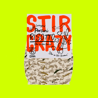 Illustration of organic porcini risotto, creamy rice with porcini mushrooms and a rich texture.