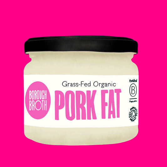 Illustration of organic pork fat, white fat pieces with a smooth, firm texture.
