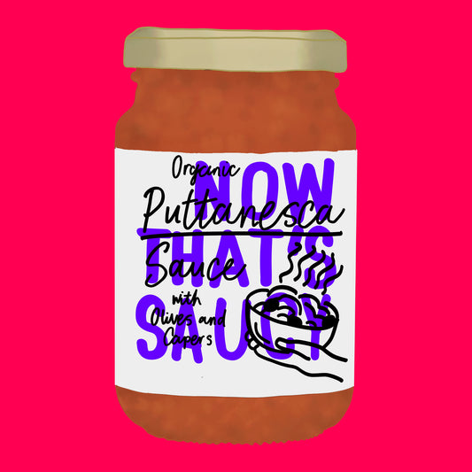 Illustration of organic puttanesca sauce, rich tomato sauce with olives and capers.