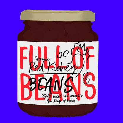 Illustration of organic red kidney beans in water, rich red beans in a clear jar.
