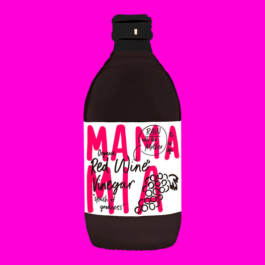 Illustration of organic red wine vinegar, deep red vinegar in a glass bottle.