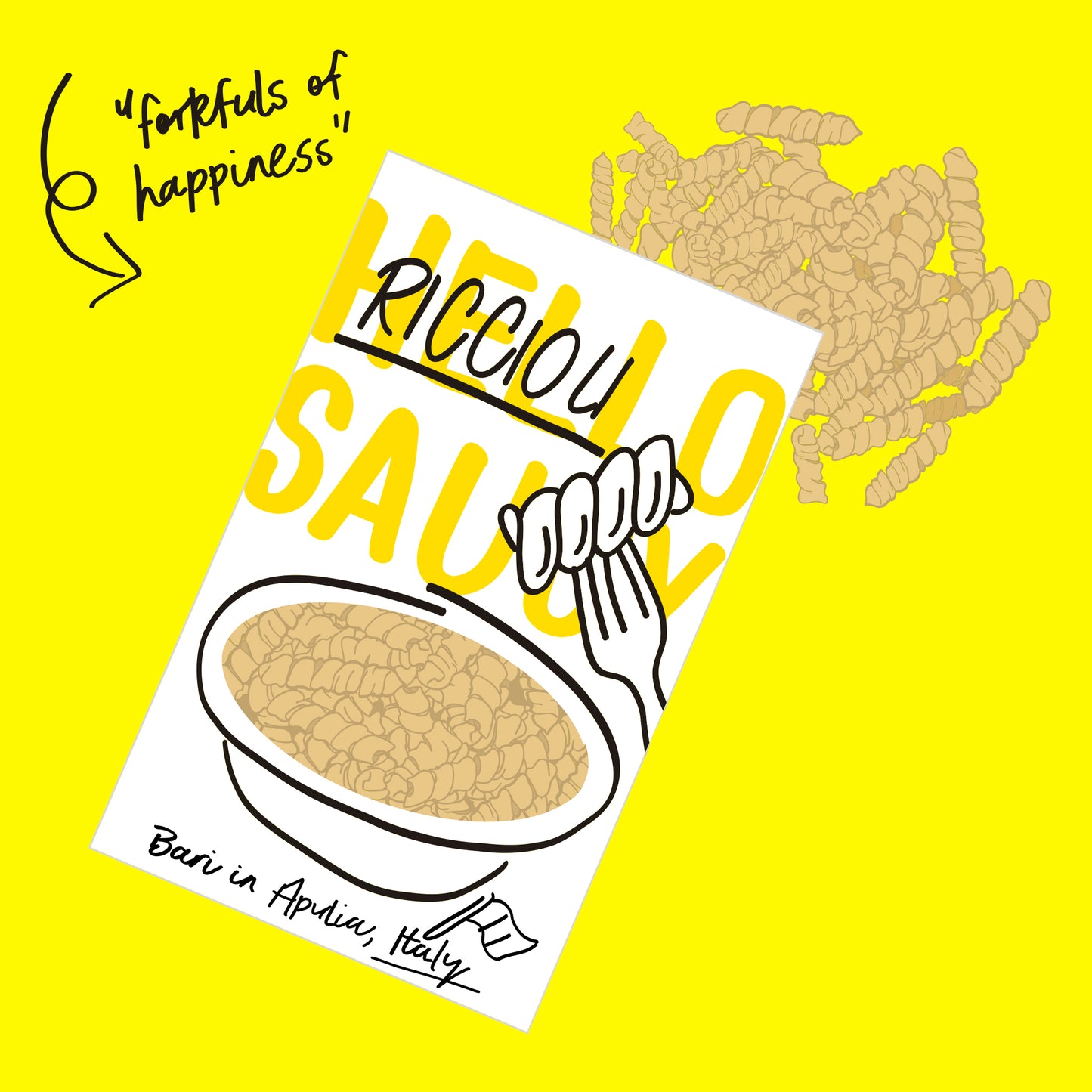 Illustration of organic riccioli pasta, curled spirals with a smooth golden texture.