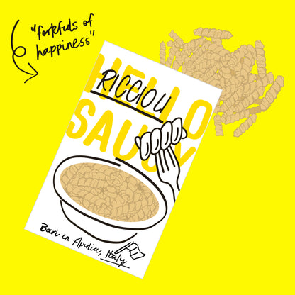 Illustration of organic riccioli pasta, curled spirals with a smooth golden texture.