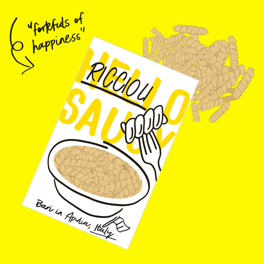 Illustration of organic riccioli pasta, curled spirals with a smooth golden texture.