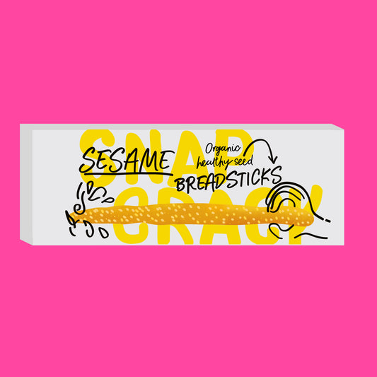 Illustration of organic sesame breadsticks, golden crisp sticks topped with sesame seeds.