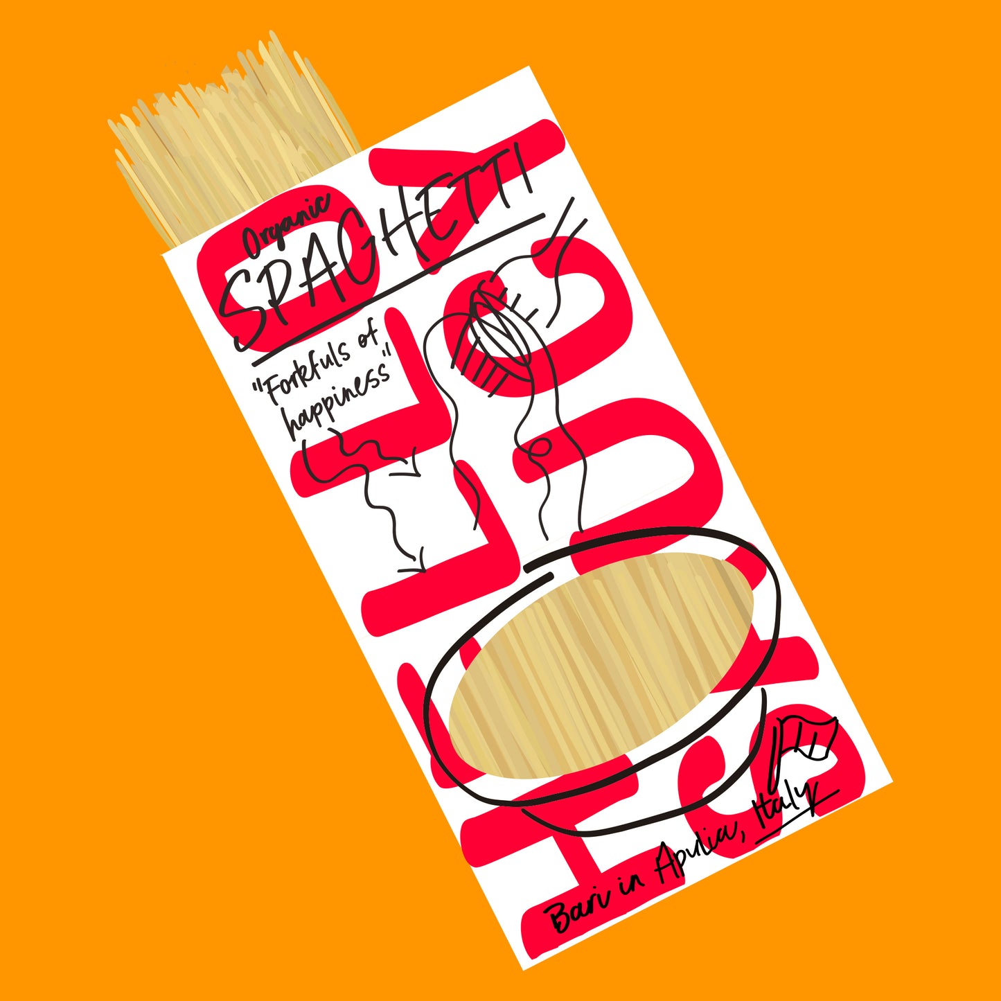 Illustration of organic spaghetti pasta, long thin strands with a smooth golden texture.