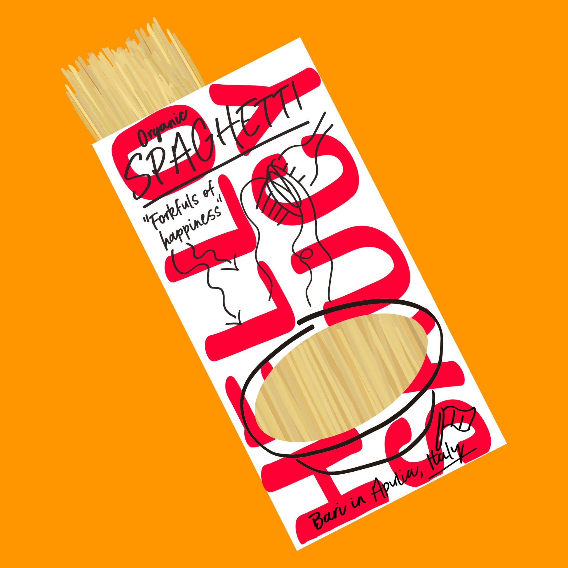 Illustration of organic spaghetti pasta, long thin strands with a smooth golden texture.