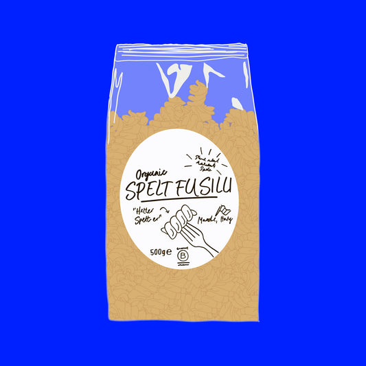 Illustration of organic spelt fusilli pasta, spiral pasta with a rustic golden brown texture.