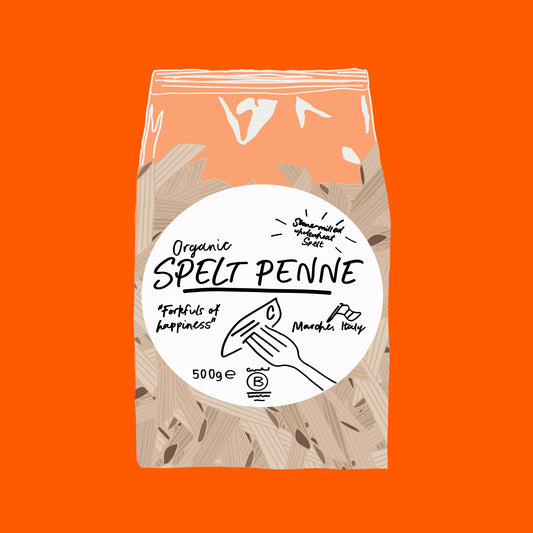Illustration of organic spelt penne pasta, ridged tubes with a rustic golden brown texture.