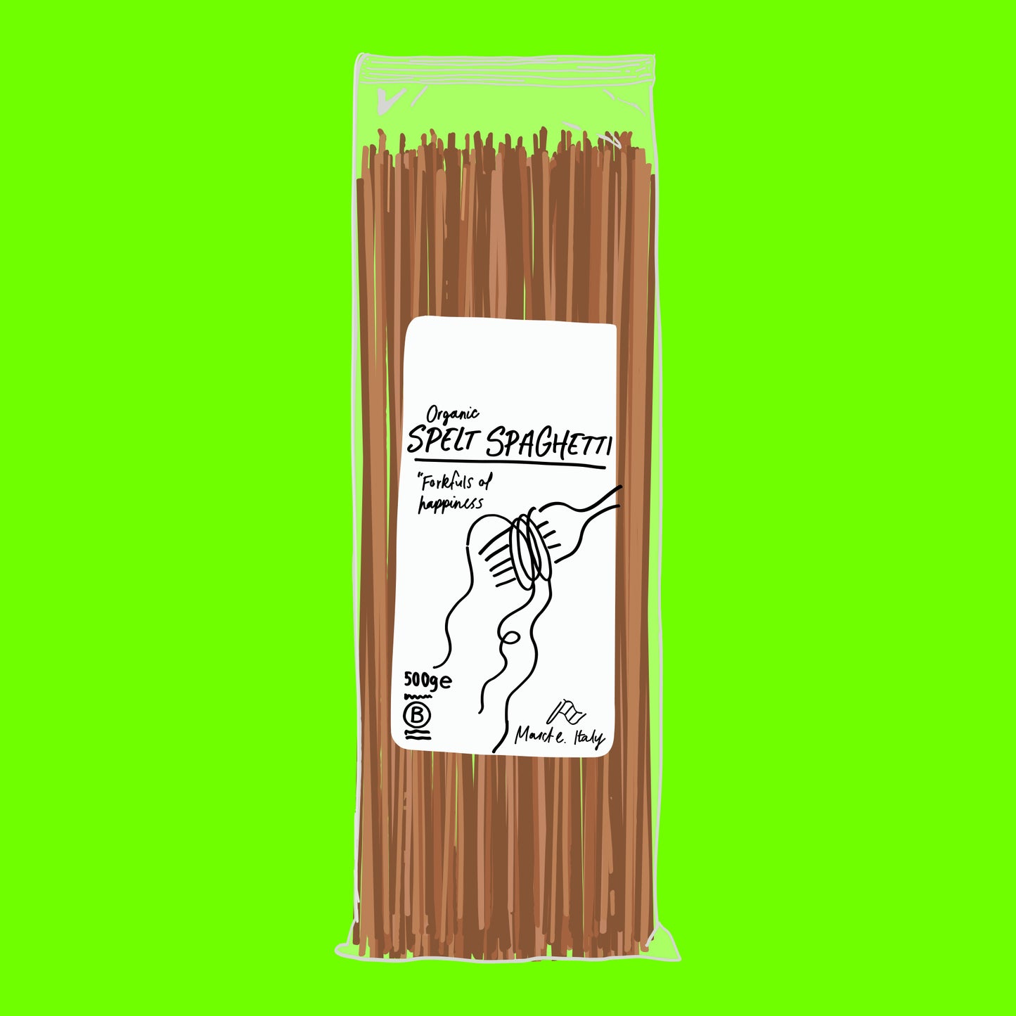 Illustration of organic spelt spaghetti pasta, long strands with a rustic golden brown texture.