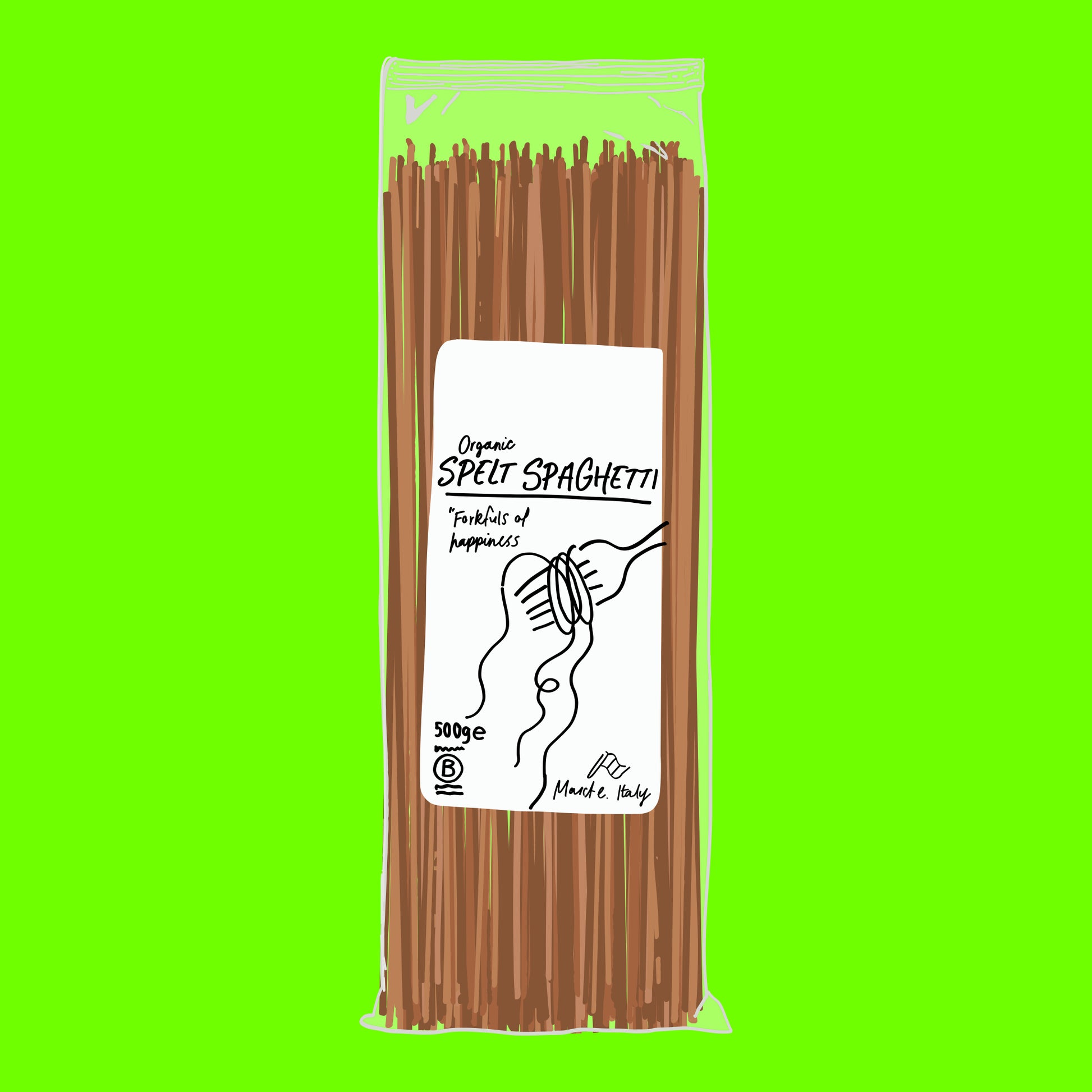 Illustration of organic spelt spaghetti pasta, long strands with a rustic golden brown texture.