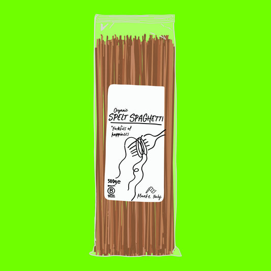 Illustration of organic spelt spaghetti pasta, long strands with a rustic golden brown texture.
