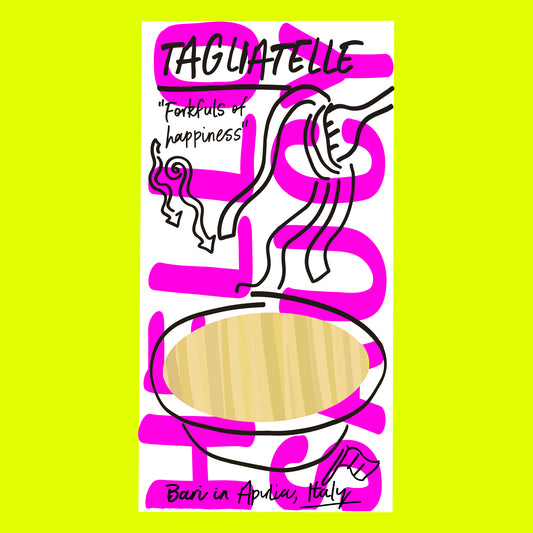 Illustration of organic tagliatelle pasta, long flat ribbons with a smooth golden texture.