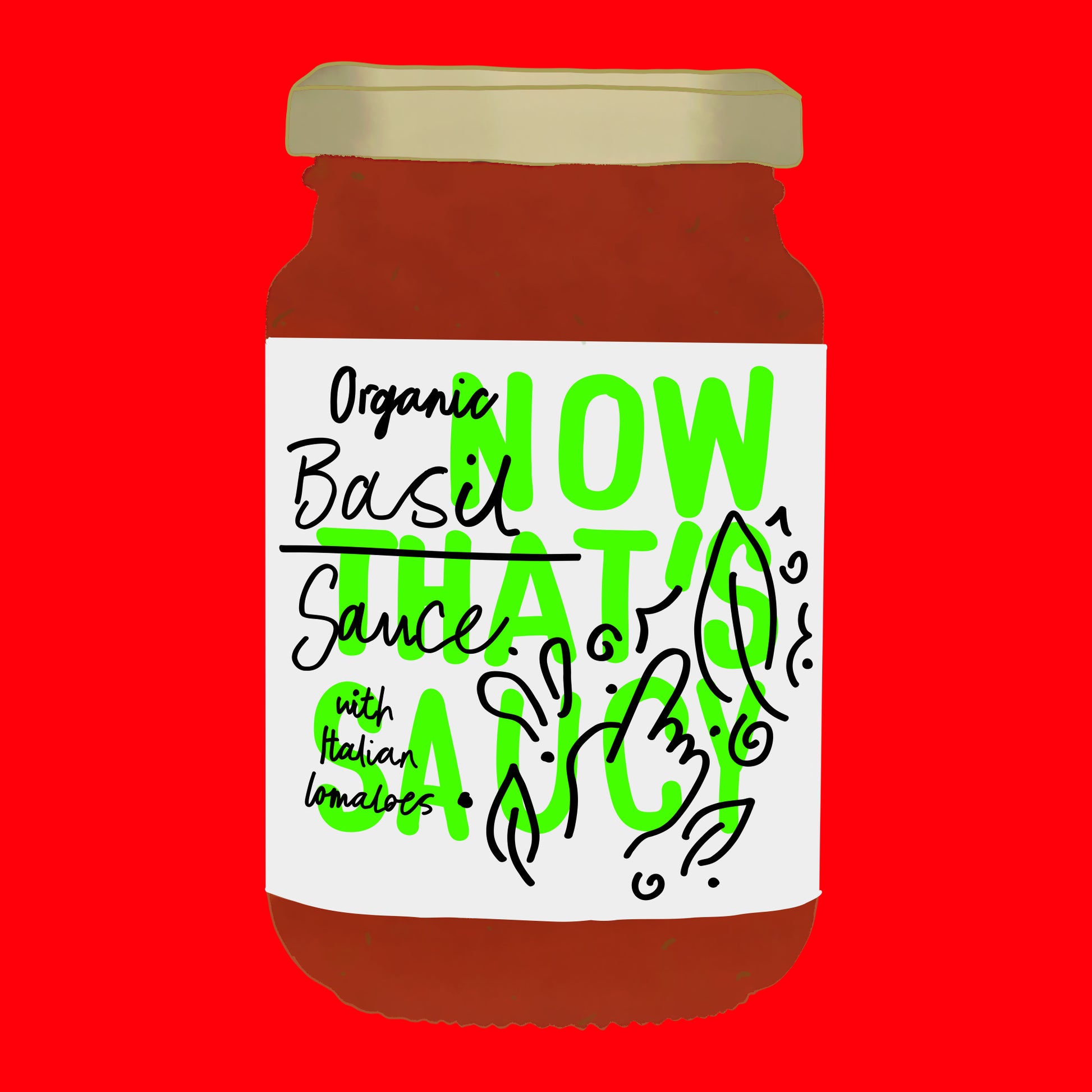 Illustration of organic tomato and basil sauce, rich red sauce with fresh basil leaves.