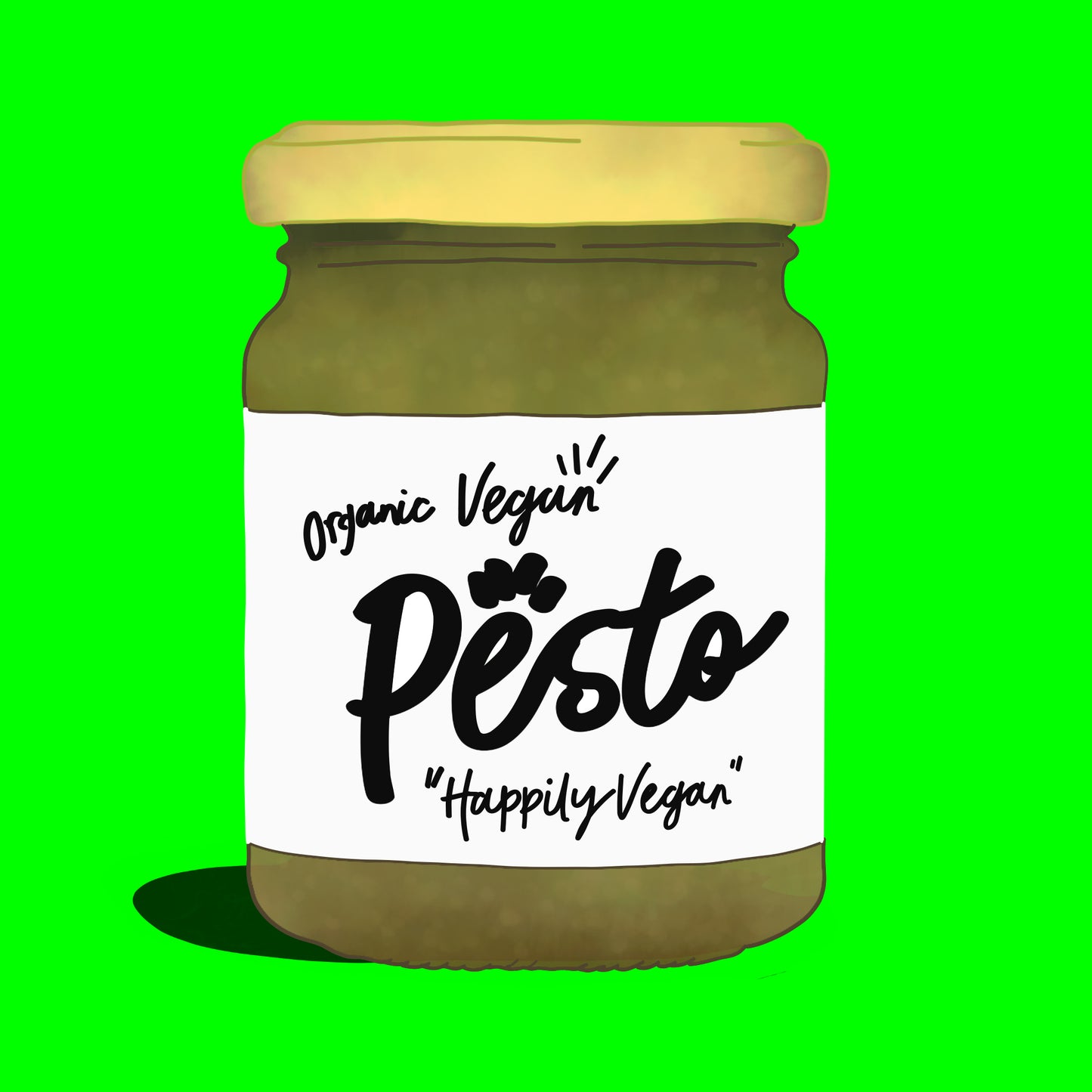 Illustration of organic vegan basil pesto, vibrant green sauce with fresh basil and olive oil.