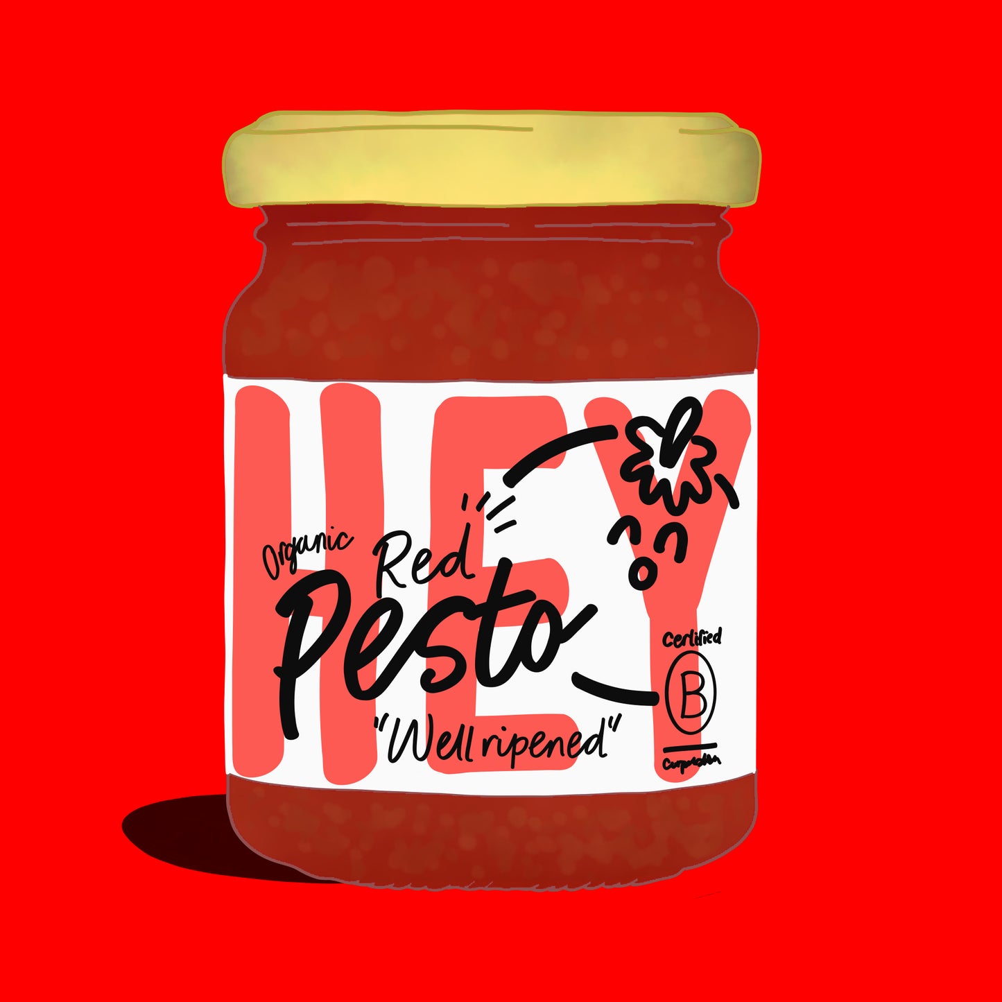 Illustration of organic vegan red pesto, rich red sauce with tomatoes and herbs.