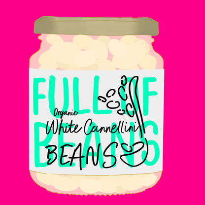 Illustration of organic white cannellini beans in water, creamy beans in a clear jar.