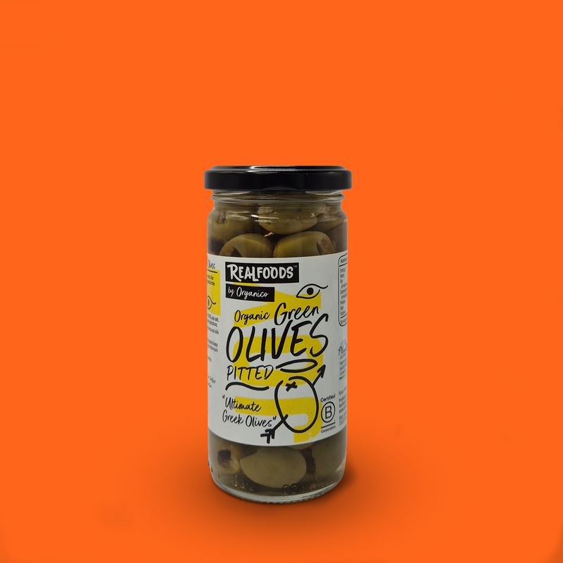 Organic green pitted olives