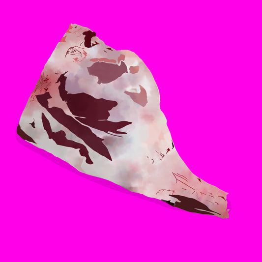 Illustration of pasture fed organic butterflied leg of hogget, marbled cut with rich texture.