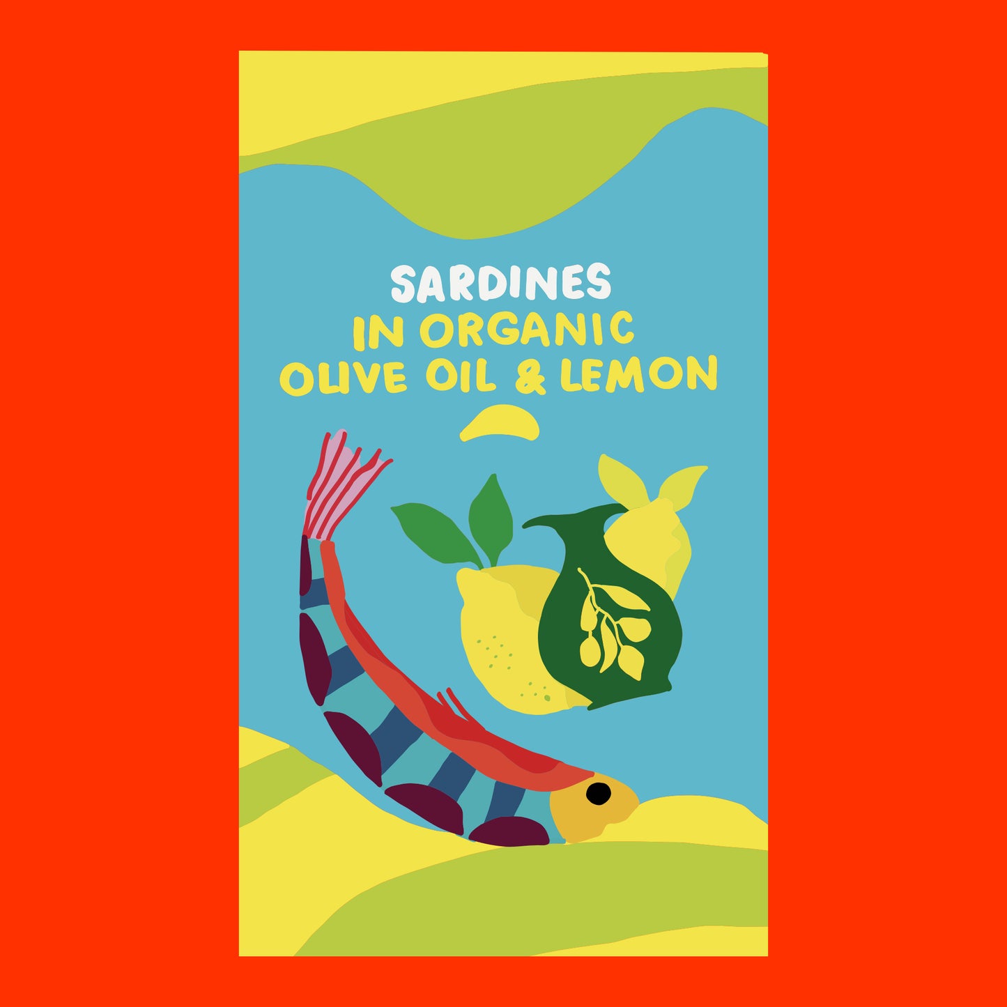 Illustration of sardines in organic olive oil and lemon, whole fish in golden oil.