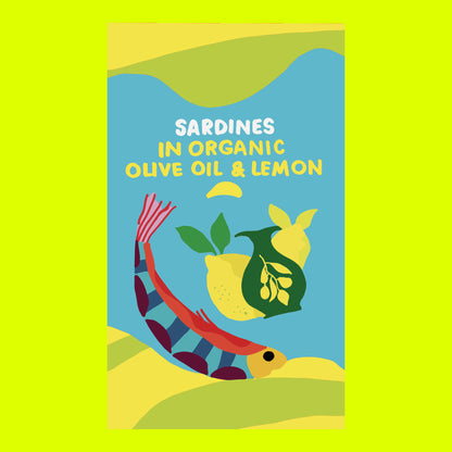 Illustration of sardines in organic olive oil and lemon, whole fish in golden oil.