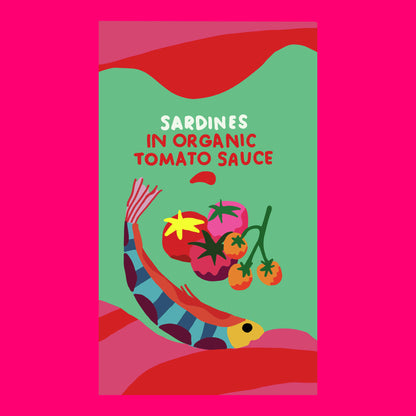 Illustration of sardines in organic tomato sauce, whole fish in rich red sauce.