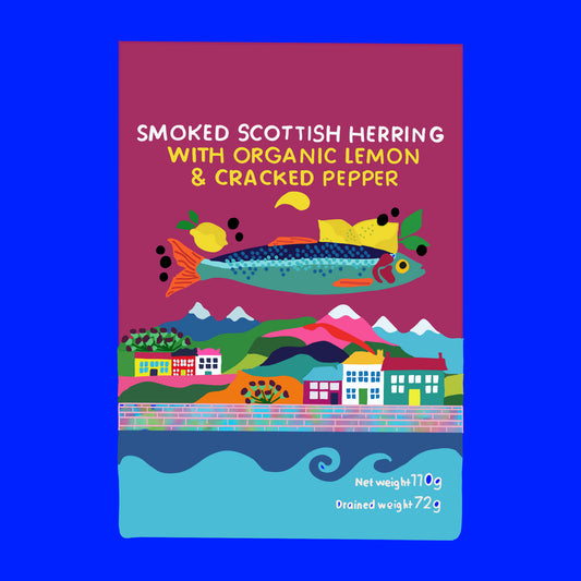 Illustration of smoked herring with lemon and black pepper, rich fillets with citrus and spice.