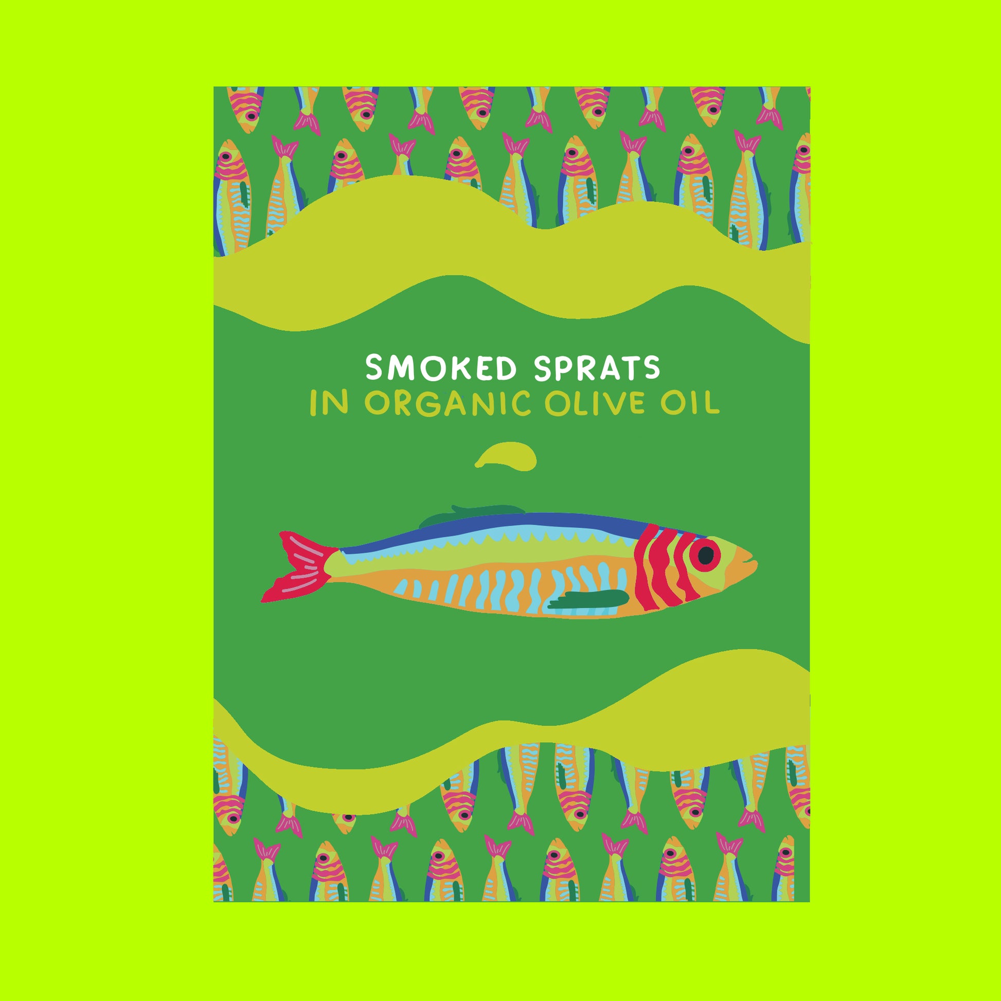Illustration of smoked sprats in organic olive oil, small smoked fish in golden oil.