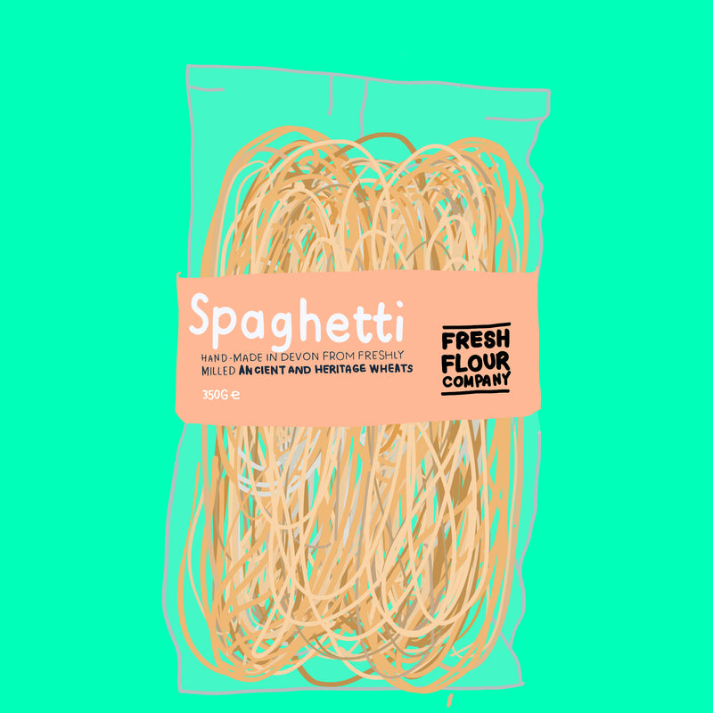 Artisan organic spaghetti pasta made from freshly stoneground British wheat and pure water.