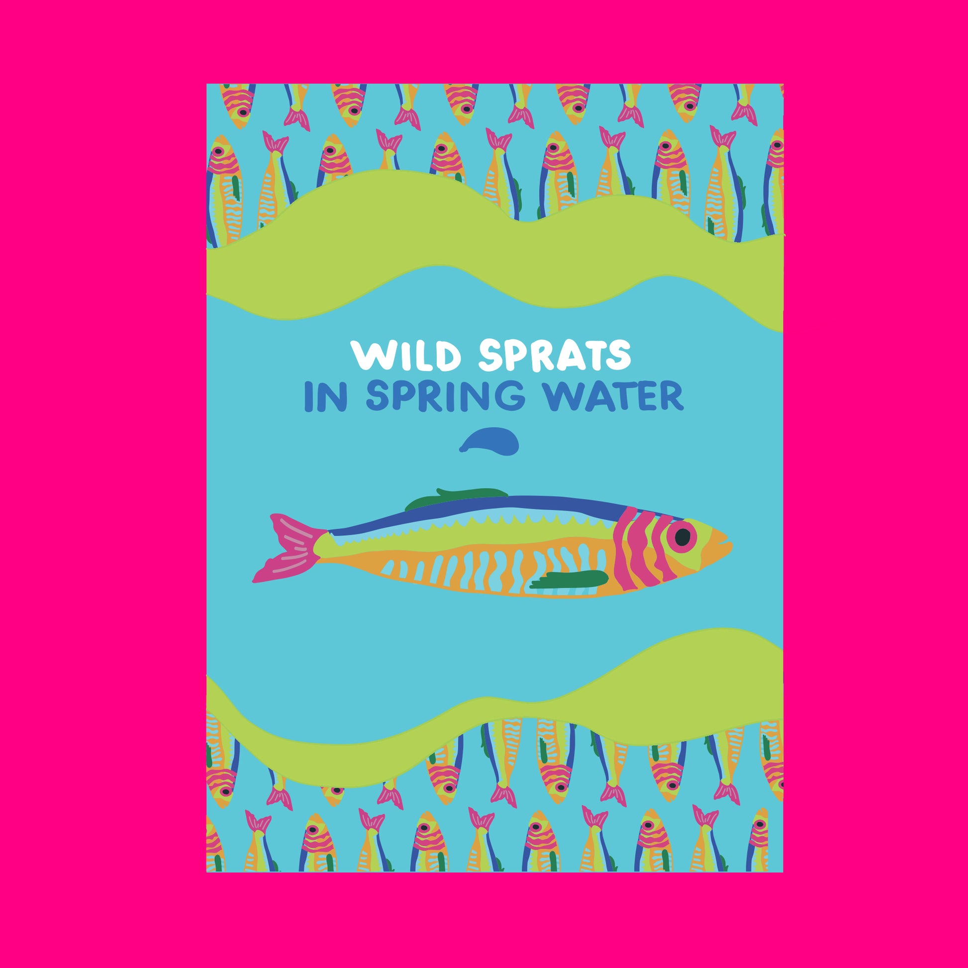 Illustration of sprats in spring water, small whole fish in clear water.