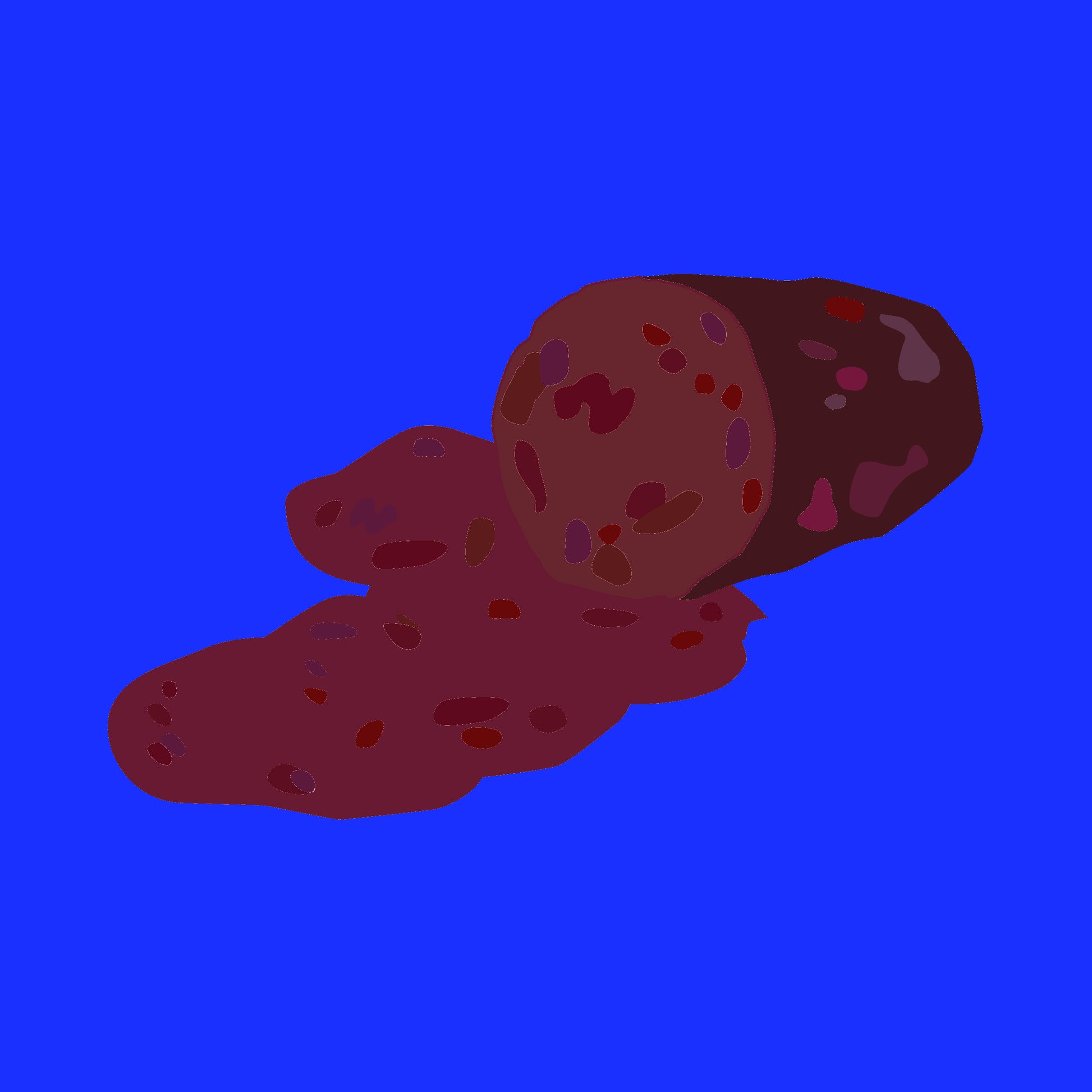 Illustration of wild venison spicy mini salami, small cured sausages with a rich, rustic texture.