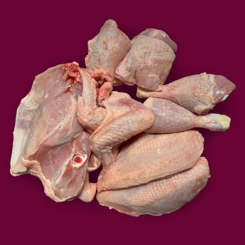 Organic whole chicken butchered