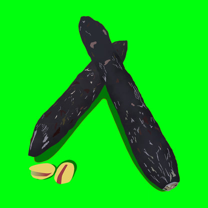Two whole salami sticks with two pistachios, illustrated on a bright green background.