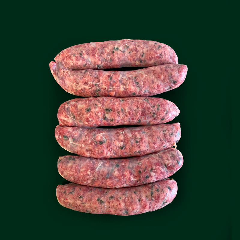 Pasture fed organic conversion lamb sausages with mint