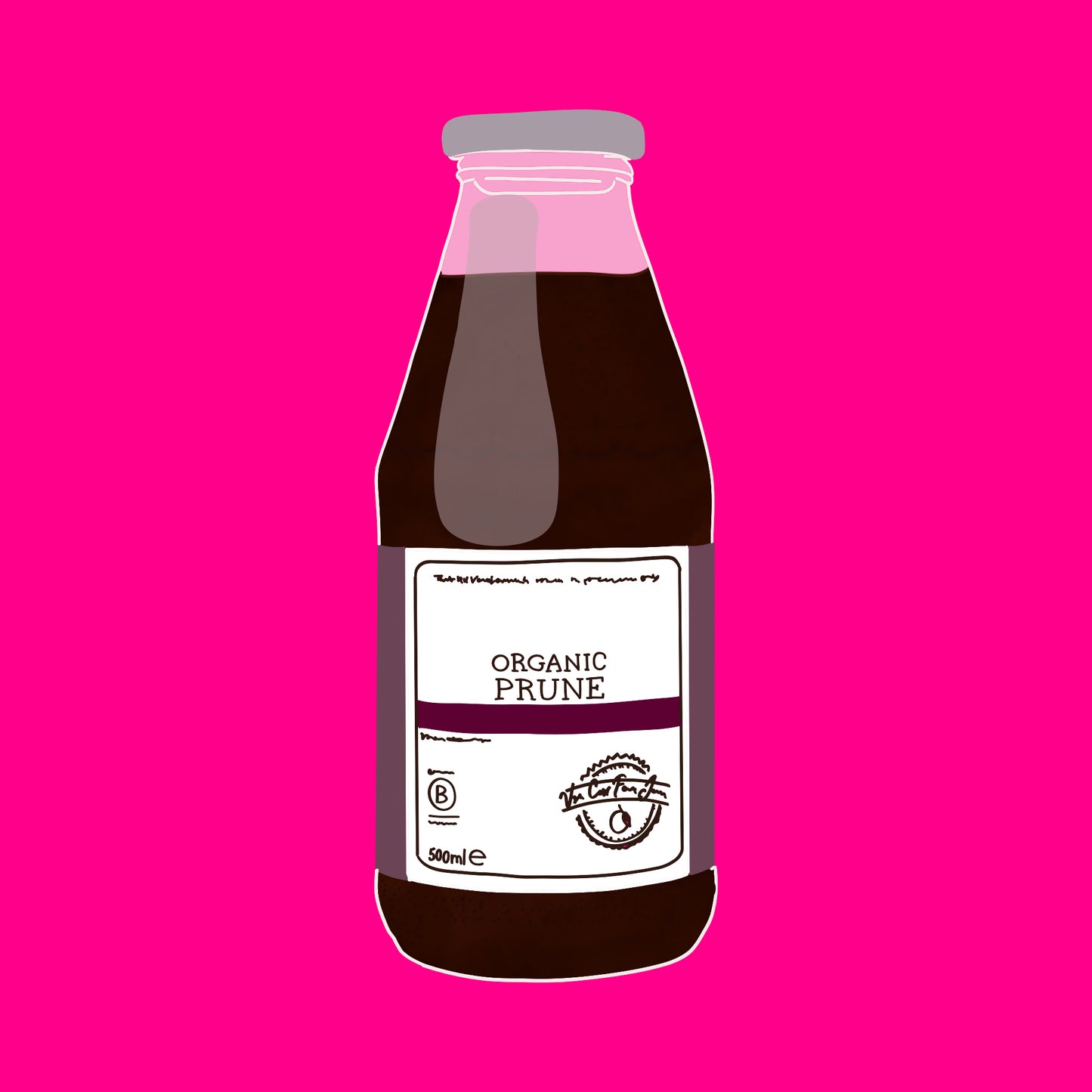 Illustration of organic prune juice bottle with dark juice and a white label.