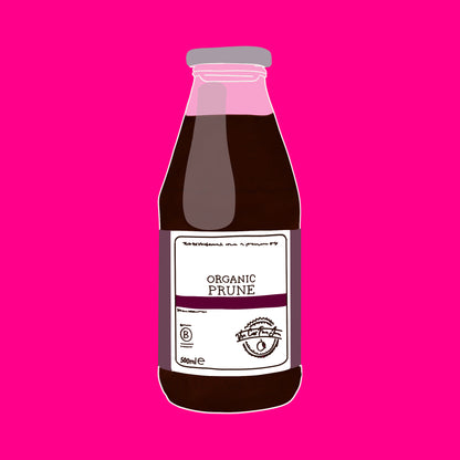Illustration of organic prune juice bottle with dark juice and a white label.